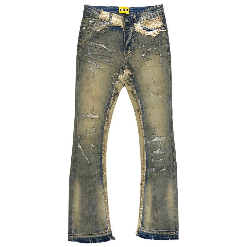 GFTD LA Los Angeles Men's Stacked Flared Jeans Distressed Rip Vintage Wash Denim